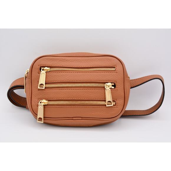 Rebecca Minkoff Belt Bag Desert Tan Pebbled Leather Three Zipper Gold Tone - Picture 1 of 12